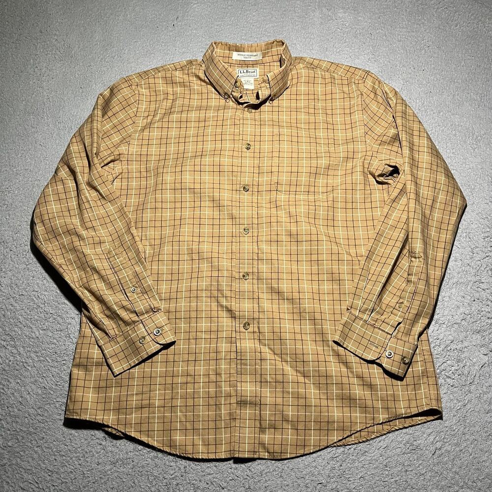 LL Bean Shirt Mens Large Brown Preppy Trim Fit Wrinkle Resistant Long Sleeve